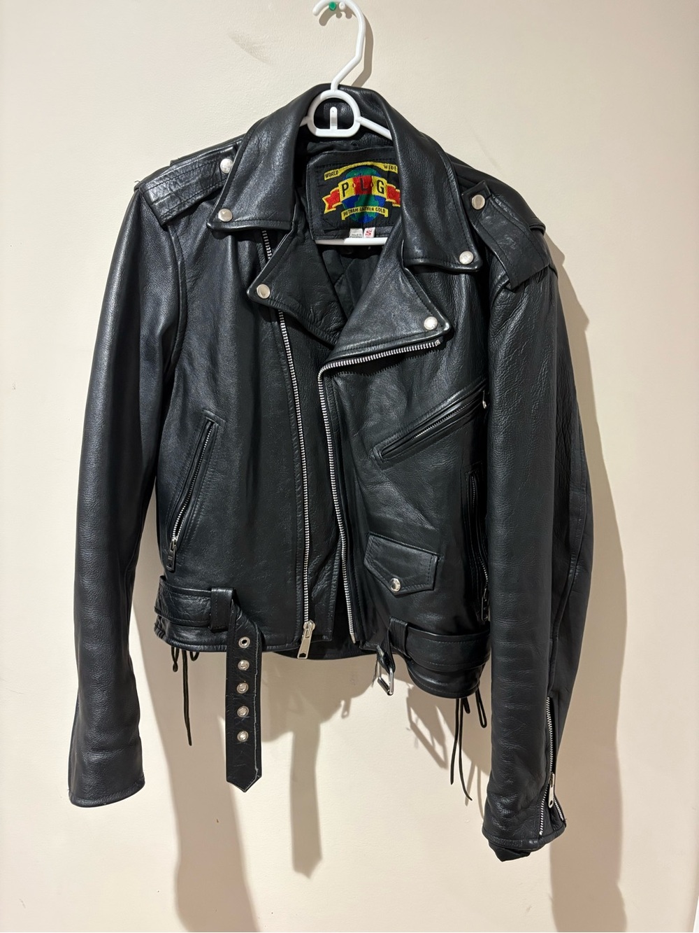 VINTAGE Classic Black Leather Biker Jacket with Belt